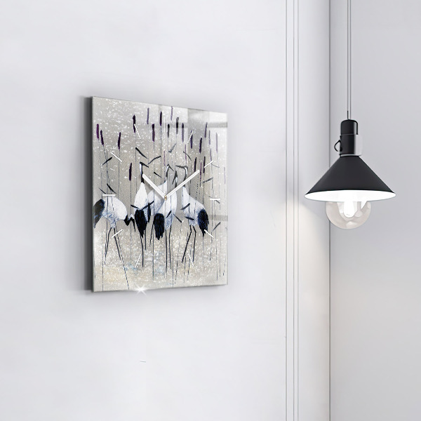 Wanduhr quadratisch Kraniche im Schilf