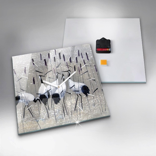 Wanduhr quadratisch Kraniche im Schilf