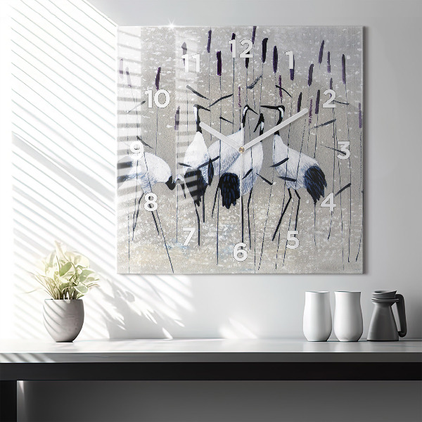 Wanduhr quadratisch Kraniche im Schilf