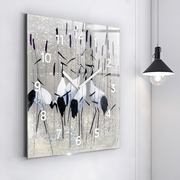 Wanduhr quadratisch Kraniche im Schilf