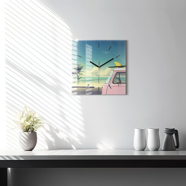 Wanduhr quadratisch mit motiv Auto mit Surfbrett