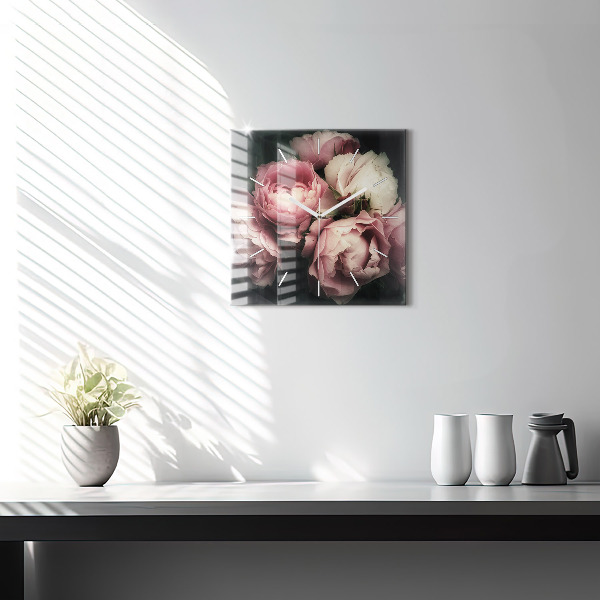 Wanduhr quadratisch mit motiv Blumenstrauß aus rosa Rosen