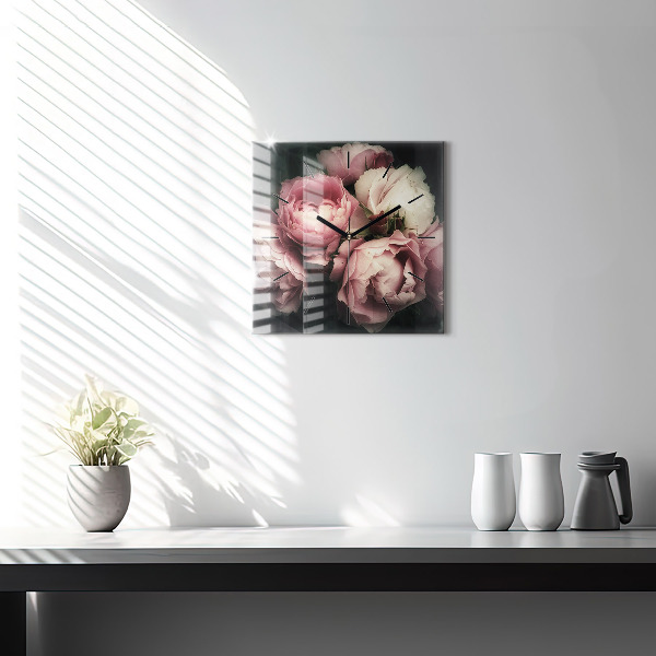 Wanduhr quadratisch mit motiv Blumenstrauß aus rosa Rosen