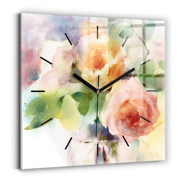 Wanduhr quadratisch Rosen in einer Vase Aquarell