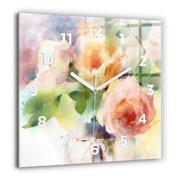 Wanduhr quadratisch Rosen in einer Vase Aquarell