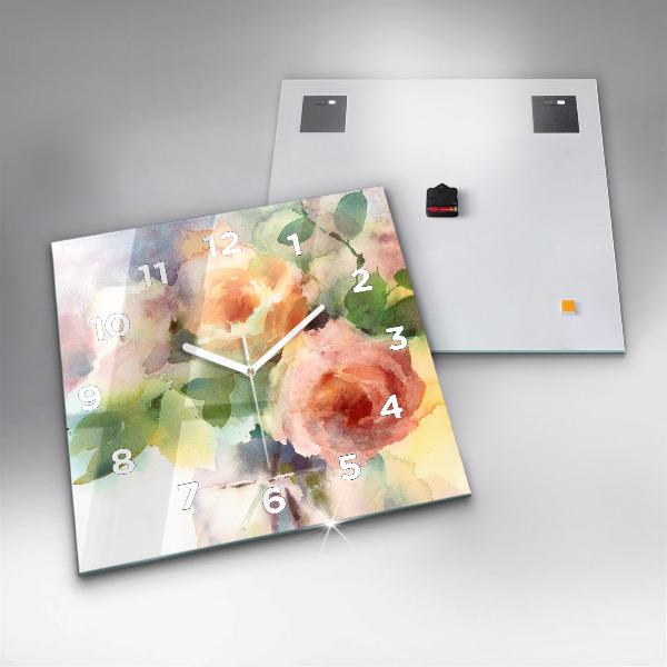 Wanduhr quadratisch Rosen in einer Vase Aquarell