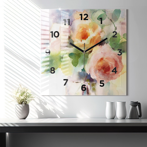 Wanduhr quadratisch Rosen in einer Vase Aquarell