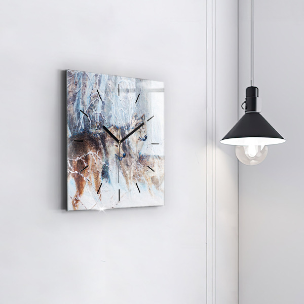 Wanduhr modern quadratisch Wölfe im Wald