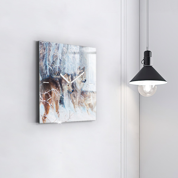 Wanduhr modern quadratisch Wölfe im Wald