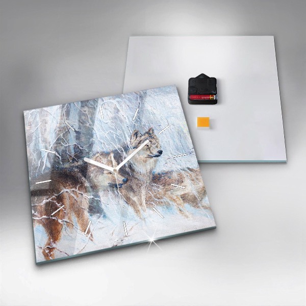 Wanduhr modern quadratisch Wölfe im Wald