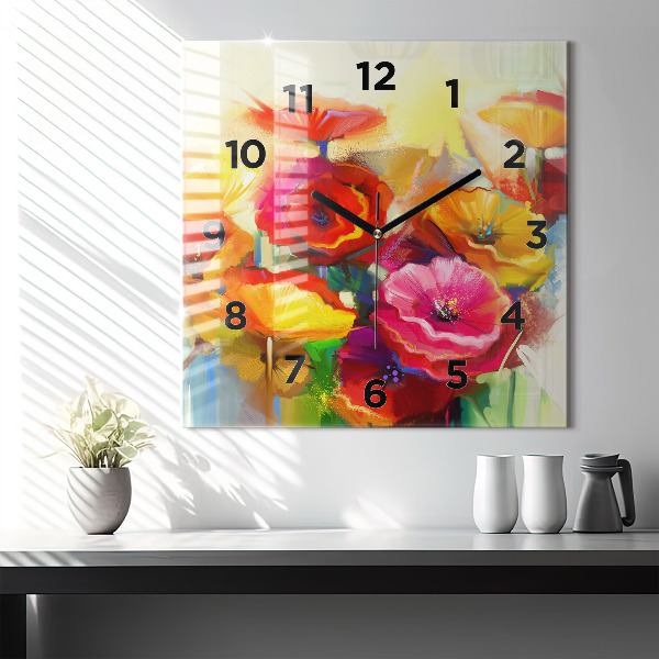 Wanduhr modern quadratisch Bunte Mohnblumen