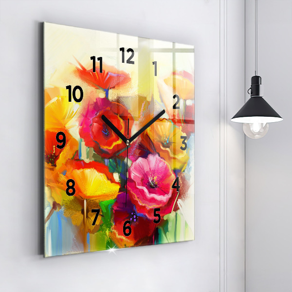 Wanduhr modern quadratisch Bunte Mohnblumen