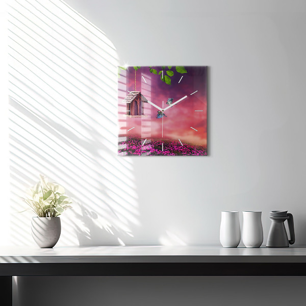 Wanduhr quadratisch mit motiv Vogelhaus