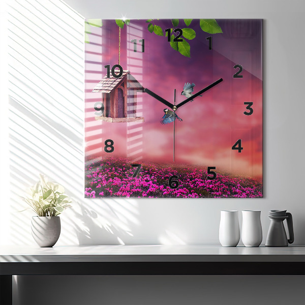 Wanduhr quadratisch mit motiv Vogelhaus