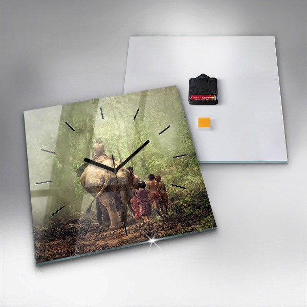 Wanduhr quadratisch Kinder führen einen Elefanten