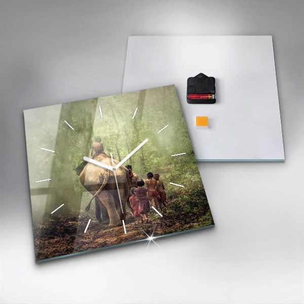 Wanduhr quadratisch Kinder führen einen Elefanten