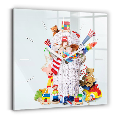 Wanduhr quadratisch mit motiv Weidenkorb mit Spielzeug