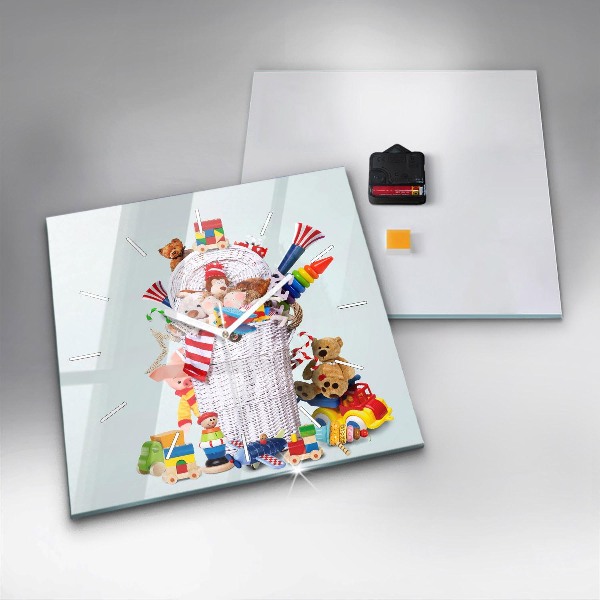 Wanduhr quadratisch mit motiv Weidenkorb mit Spielzeug