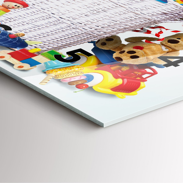 Wanduhr quadratisch mit motiv Weidenkorb mit Spielzeug