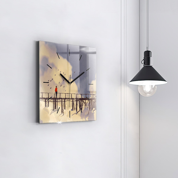Wanduhr quadratisch Mann auf einer alten Brücke