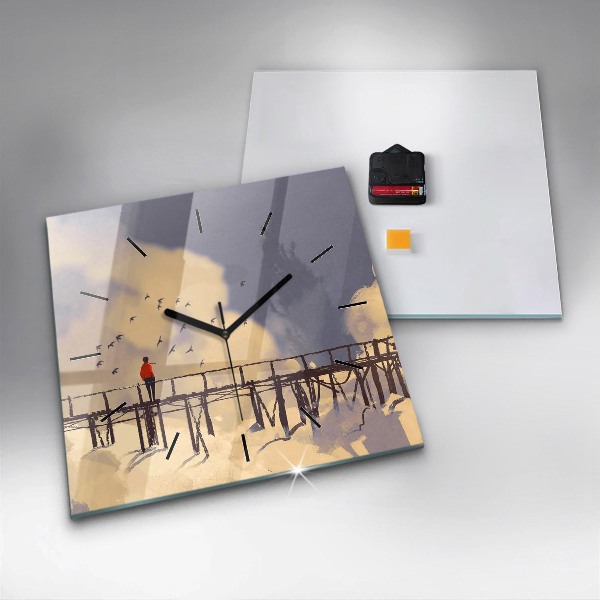 Wanduhr quadratisch Mann auf einer alten Brücke
