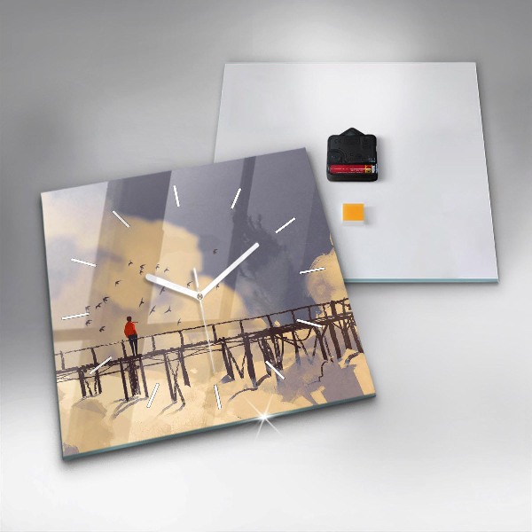 Wanduhr quadratisch Mann auf einer alten Brücke