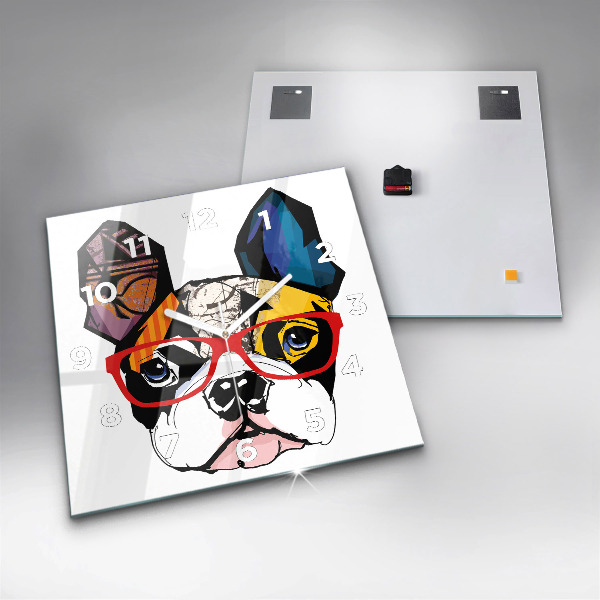 Wanduhr quadratisch Französische Bulldogge mit Brille