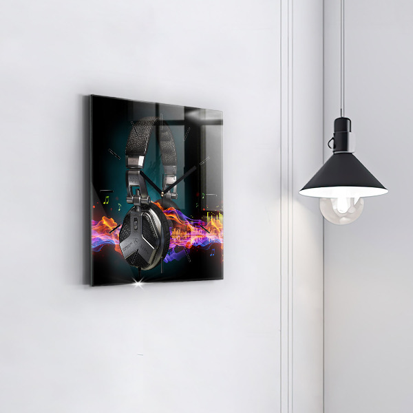 Wanduhr modern quadratisch Kopfhörer und Schallwellen