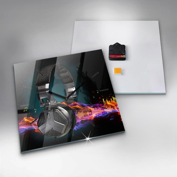 Wanduhr modern quadratisch Kopfhörer und Schallwellen