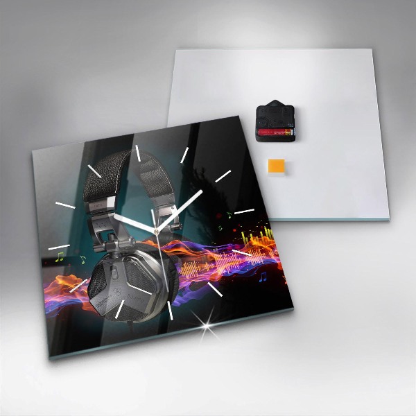 Wanduhr modern quadratisch Kopfhörer und Schallwellen