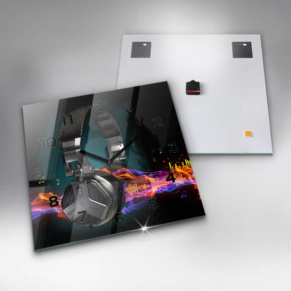 Wanduhr modern quadratisch Kopfhörer und Schallwellen