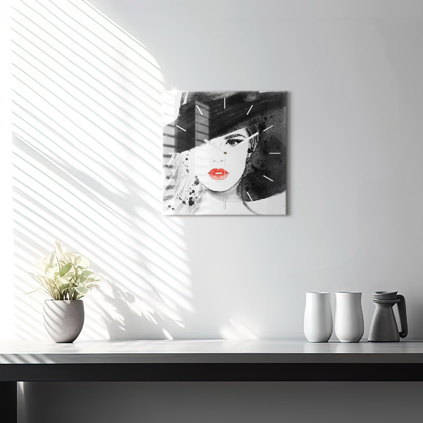 Wanduhr quadratisch mit motiv Frau mit Hut