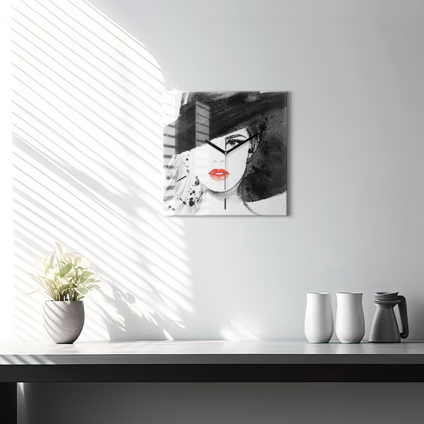 Wanduhr quadratisch mit motiv Frau mit Hut