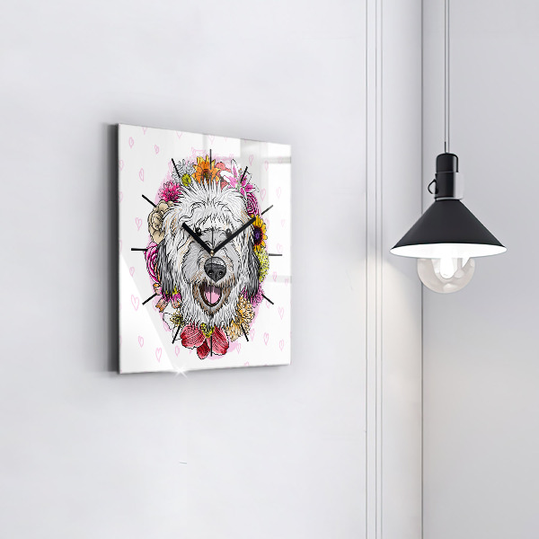 Wanduhr modern quadratisch Glücklicher Hund in Blumen