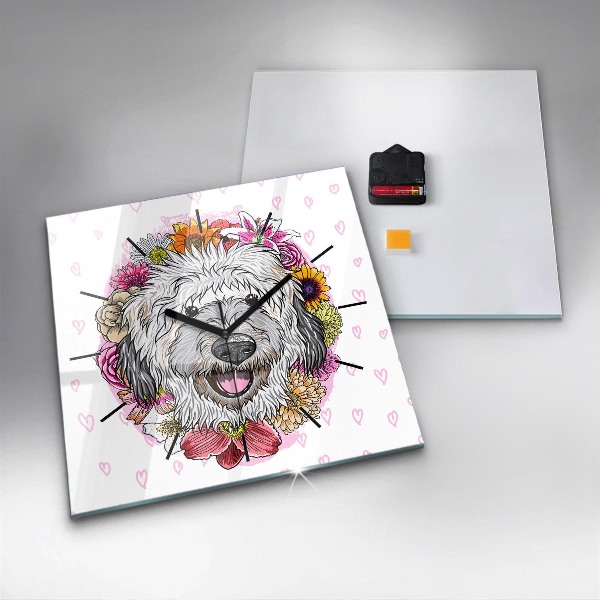 Wanduhr modern quadratisch Glücklicher Hund in Blumen