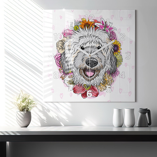 Wanduhr modern quadratisch Glücklicher Hund in Blumen