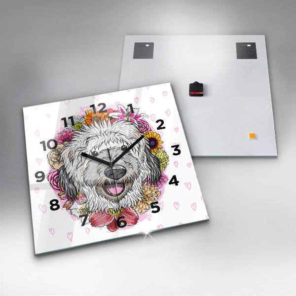 Wanduhr modern quadratisch Glücklicher Hund in Blumen