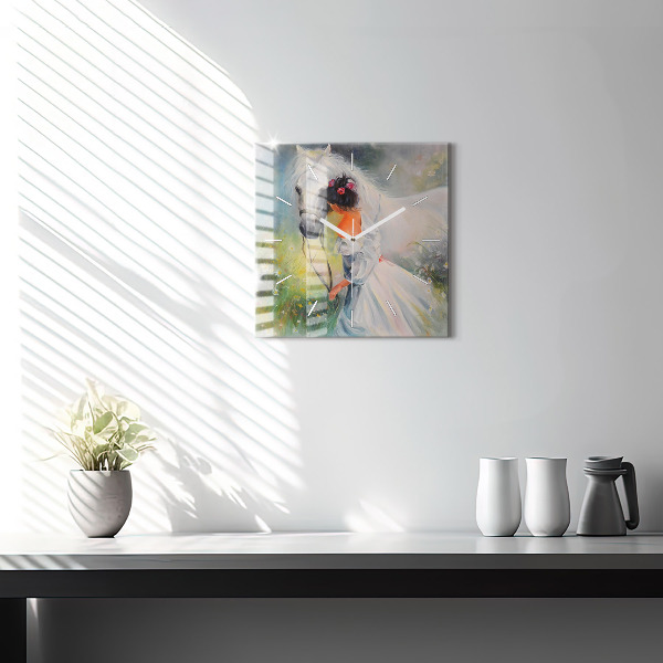 Wanduhr quadratisch mit motiv Schöne Frau mit Pferd