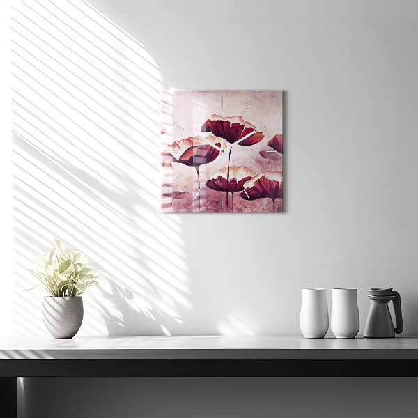 Wanduhr modern quadratisch Blumen Blühender Mohn