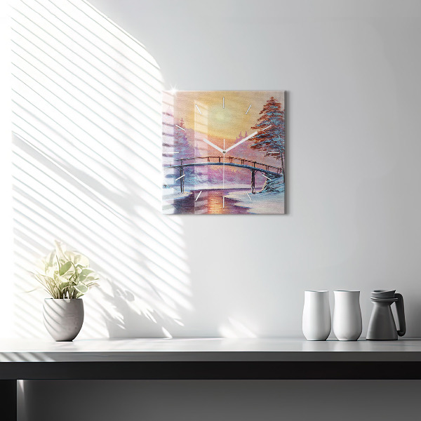 Wanduhr quadratisch mit motiv Weihnachtsbaum und Brücke