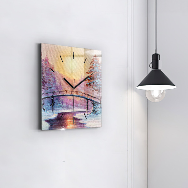 Wanduhr quadratisch mit motiv Weihnachtsbaum und Brücke