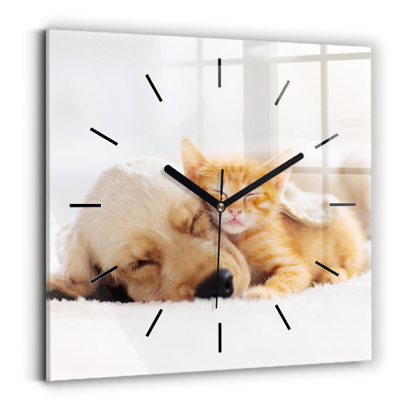 Wanduhr quadratisch Schlafende Katze und Hund