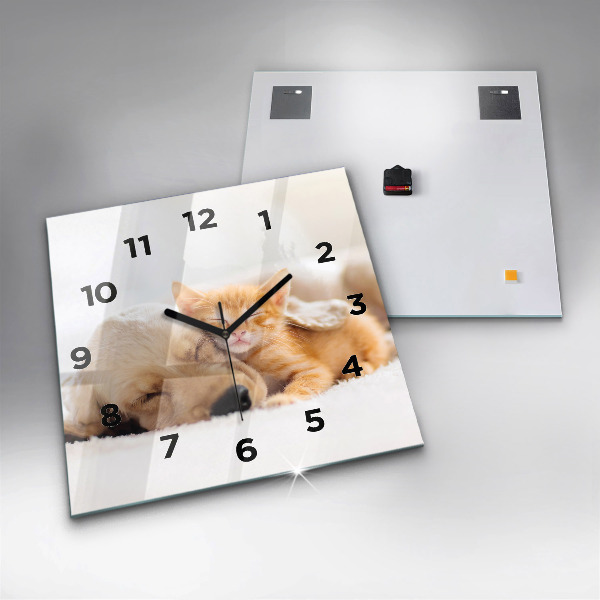 Wanduhr quadratisch Schlafende Katze und Hund