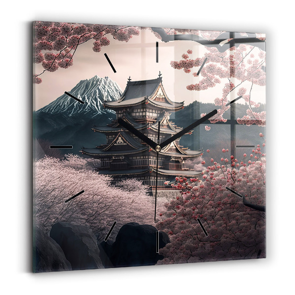 Wanduhr quadratisch Asiatischer Turm Kirschblüten