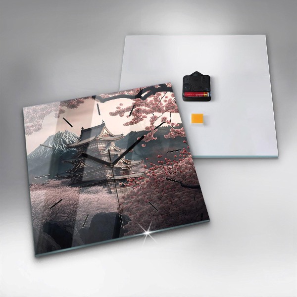 Wanduhr quadratisch Asiatischer Turm Kirschblüten