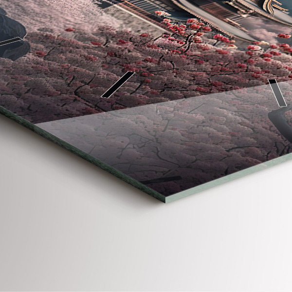 Wanduhr quadratisch Asiatischer Turm Kirschblüten