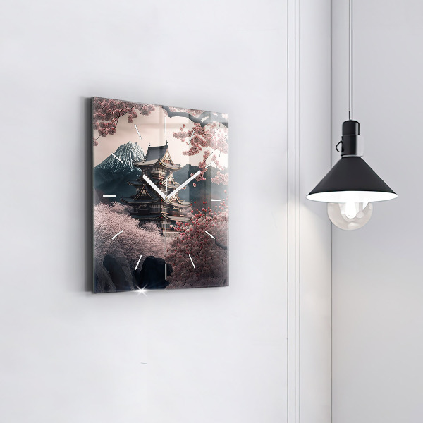 Wanduhr quadratisch Asiatischer Turm Kirschblüten