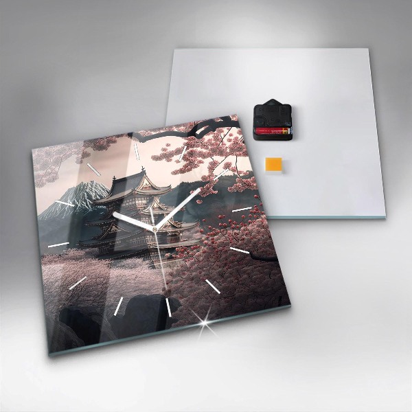 Wanduhr quadratisch Asiatischer Turm Kirschblüten