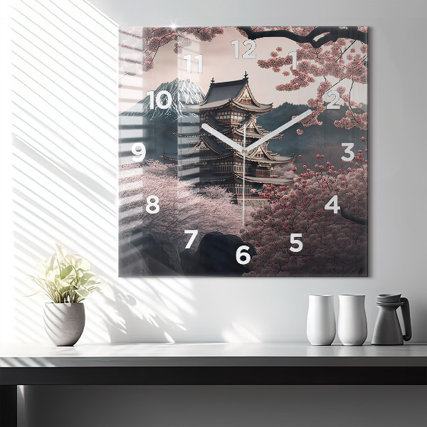 Wanduhr quadratisch Asiatischer Turm Kirschblüten