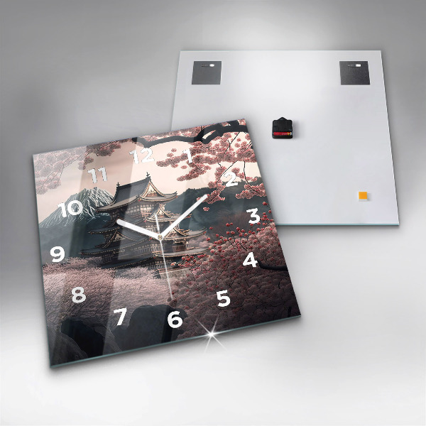 Wanduhr quadratisch Asiatischer Turm Kirschblüten
